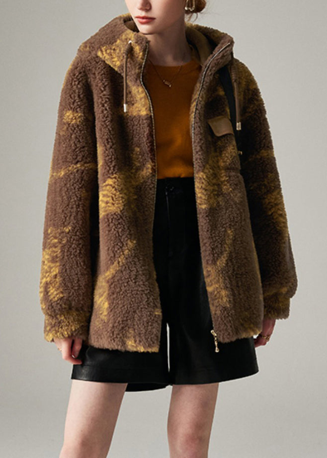 Coffee Stand Collar Drawstring Print Woolen Coat Winter