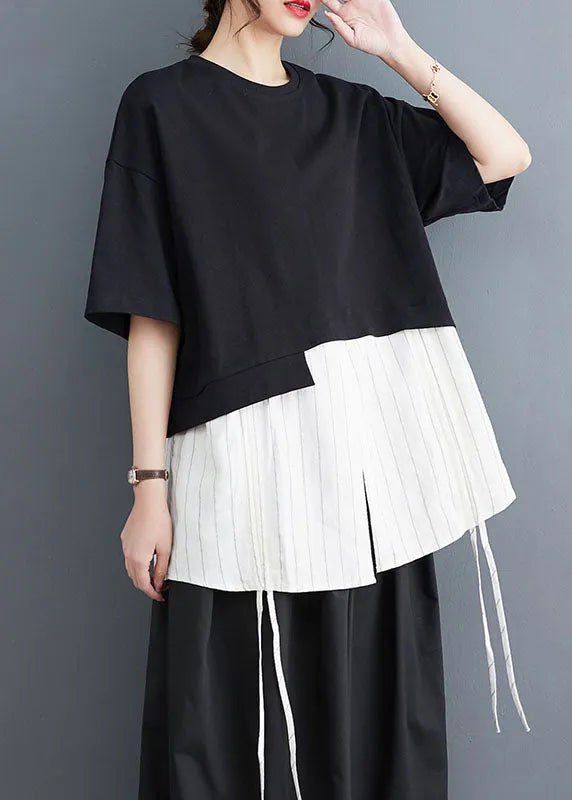 Black Striped Patchwork Fake Two Pieces Top Short Sleeve