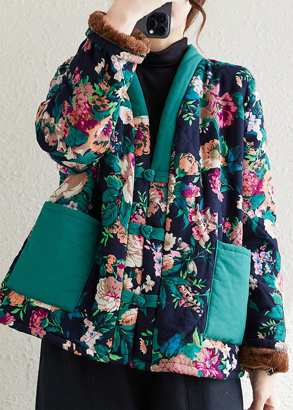 Navy V Neck Pockets Print Fine Cotton Filled Jackets Winter
