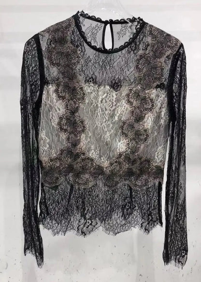 Black Hollow Out O-neck Embroideried Lace Top Long Sleeve