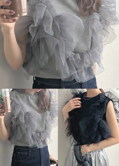 Black O-neck Patchwork Tulle Vests Summer