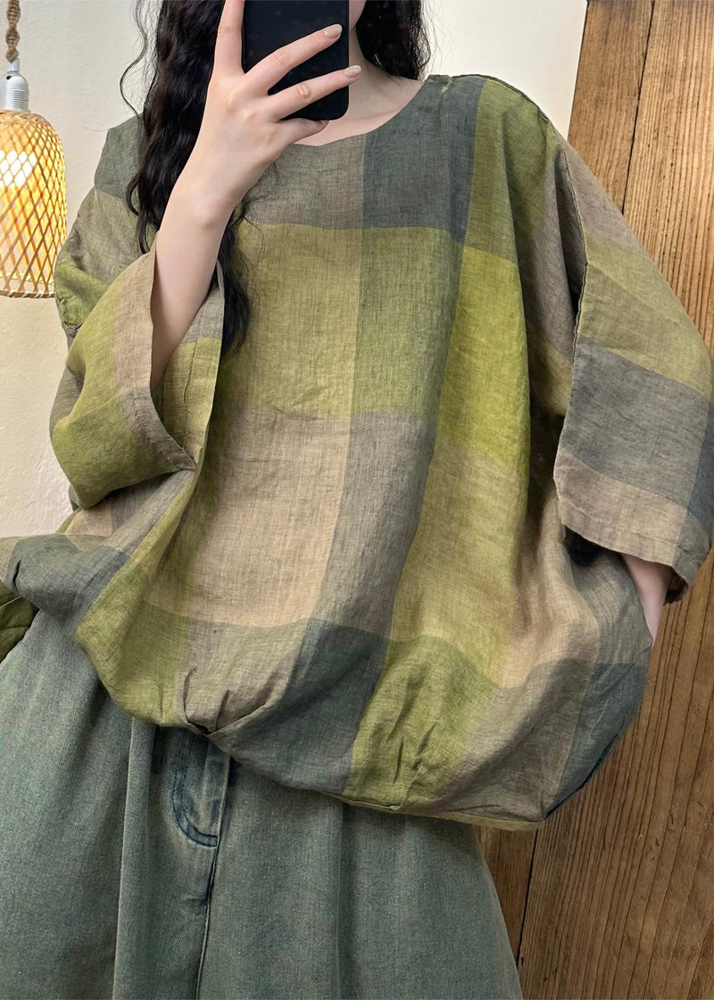 Blue Plaid O-neck Cotton Top Batwing Sleeve