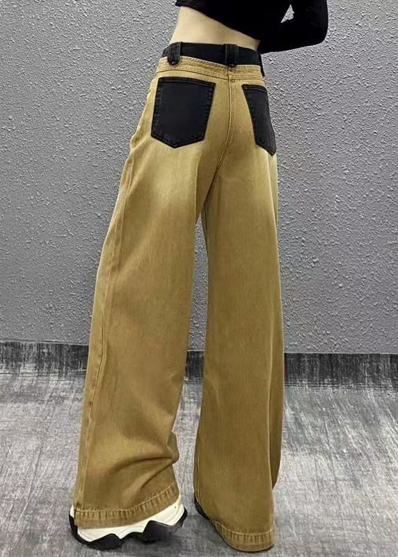 Khaki Pockets Patchwork Denim Wide Leg Pants Fall