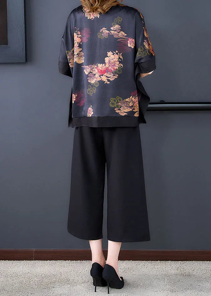 Handmade Black O-neck Asymmetrical Patchwork Print Silk Two Pieces Set Batwing Sleeve