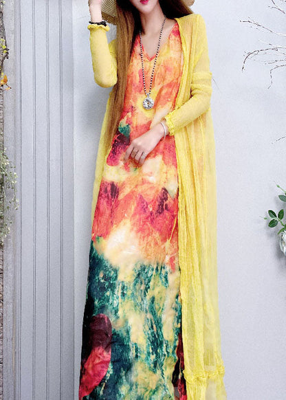Fitted V Neck Print Linen Dress Spring