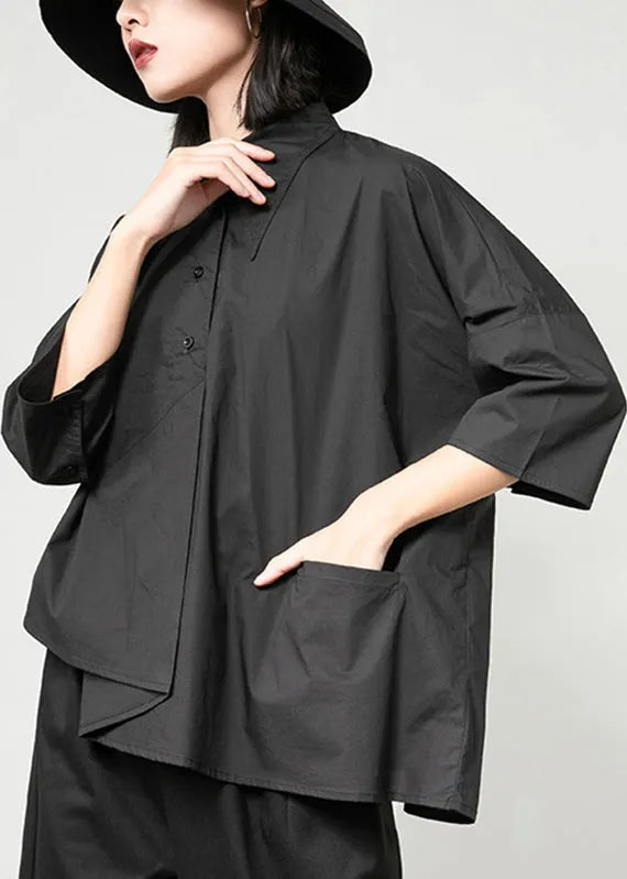 Black Peter Pan Collar Asymmetrical Patchwork Button Pockets Shirt Long Sleeve