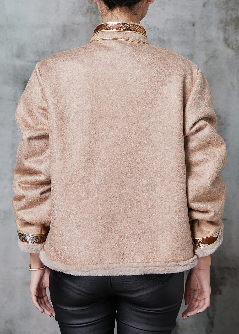 Khaki Chinese Button Patchwork Warm Fleece Coats Spring