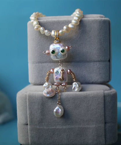New White Copper Alloy Pearl Robot Pendant Necklace