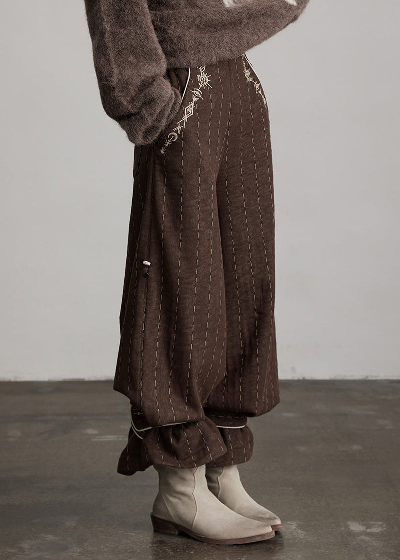 Classy Brown Embroidered Striped Cotton Straight Pants Spring