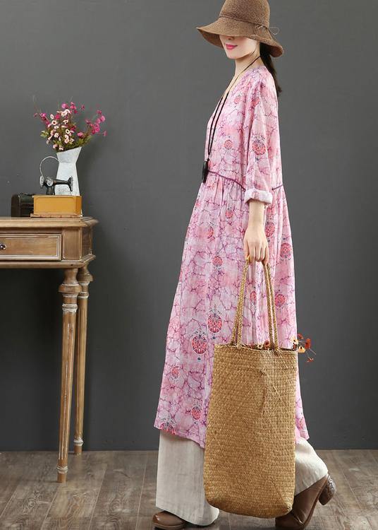O Neck Cinched Spring Tunics Photography Pink Print Maxi Dresses