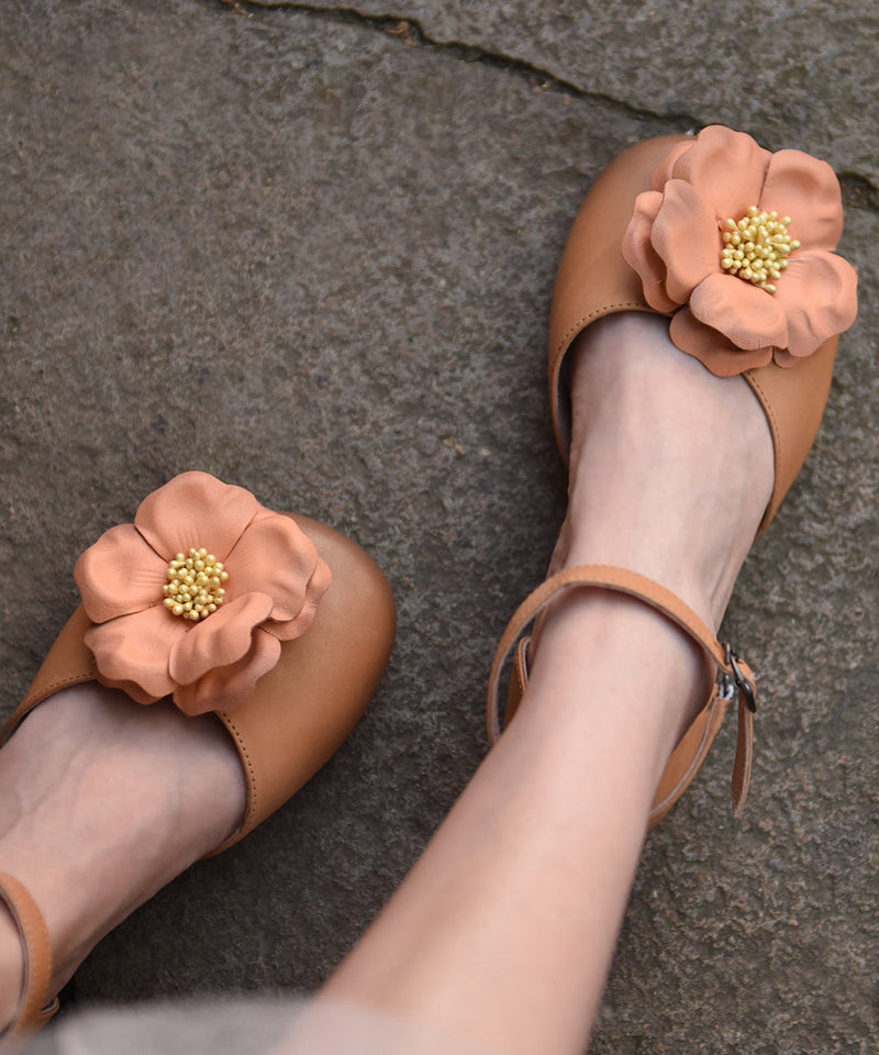 Orange Flat Sandals Cowhide Leather Comfy Splicing