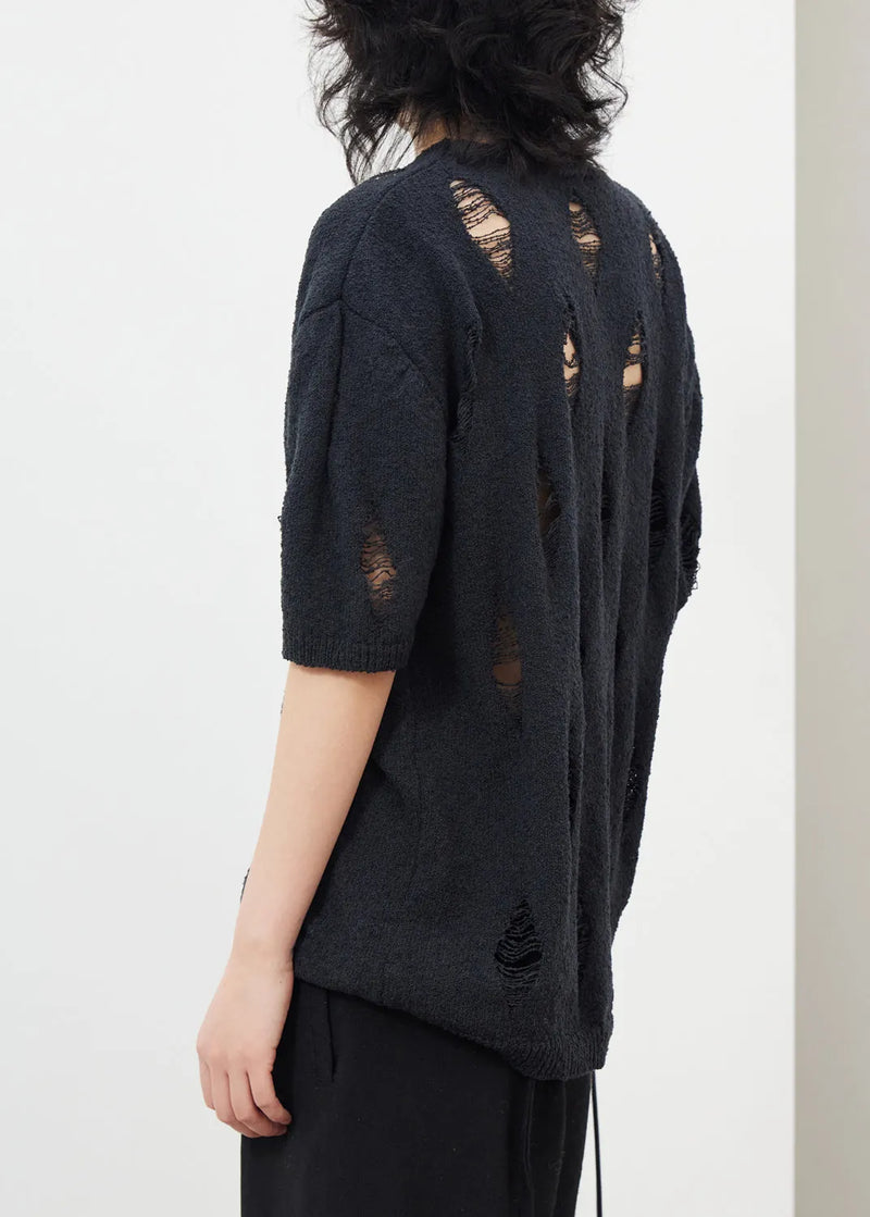 Black Hollow Out Hole Ice Silk Knit Top Half Sleeve