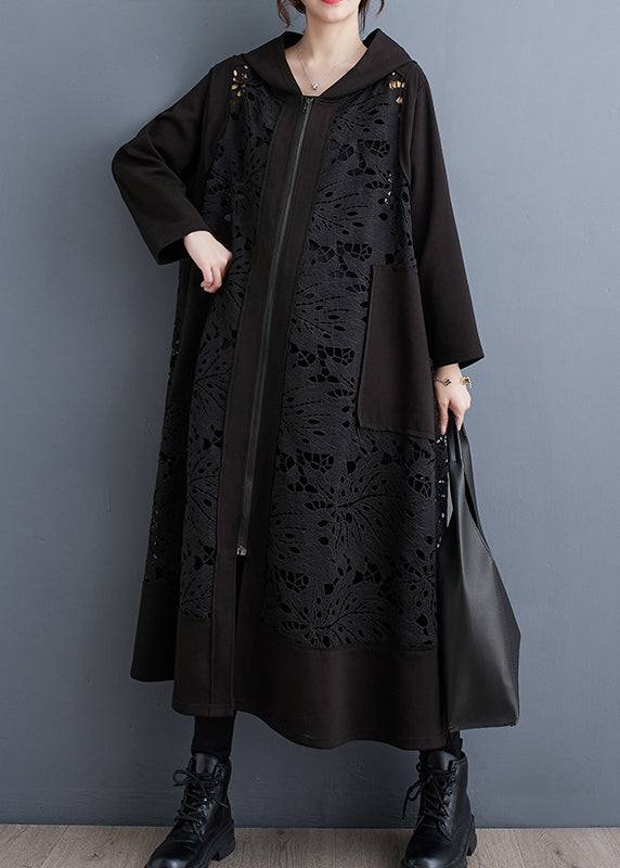 Black Oversized Patchwork Hollow Out Cotton Coat Spring
