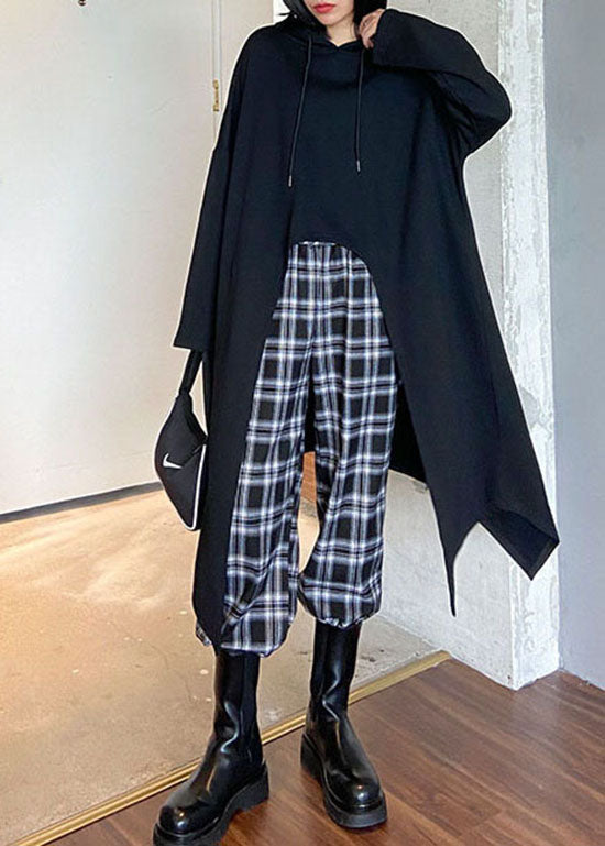 Handmade Black Hooded Drawstring Asymmetrical Design Sweatshirts Top Spring