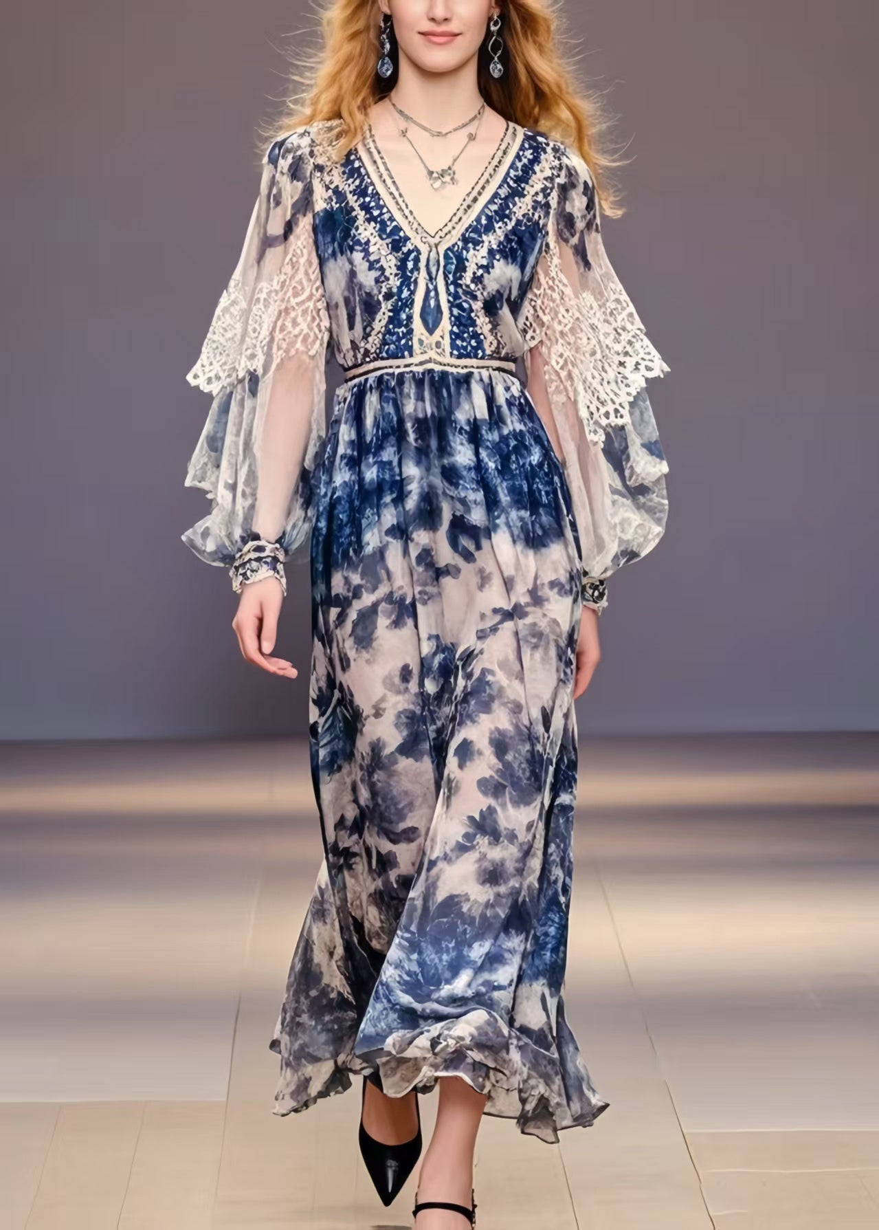 Navy Print Chiffon Party Dress Lantern Sleeve Spring