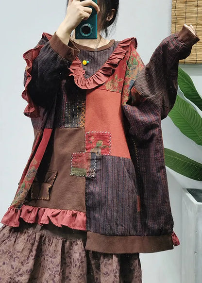 O-neck Asymmetrical Design Ruffled Patchwork Cotton Top Long Sleeve