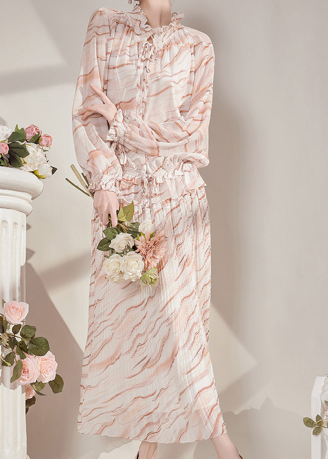 Ruffled Striped Chiffon Shirts and Maxi Skirts Two-piece Set Fall
