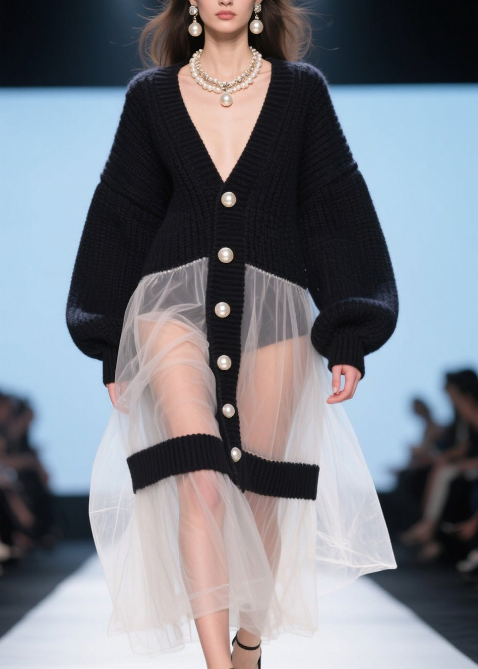 Black V Neck Tulle Patchwork Knit Loose Coat Fall