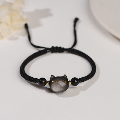 Buddha Stones Handmade Natural Silver Sheen Obsidian Strawberry Quartz Cat Protection Braided Bracelet