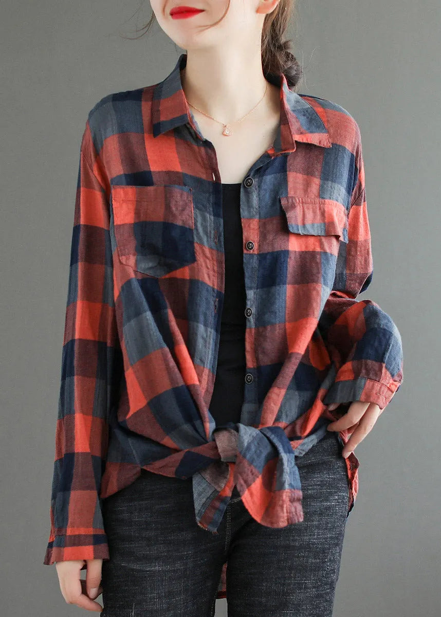 Red Pockets Peter Pan Collar Plaid Button Shirt Long Sleeve