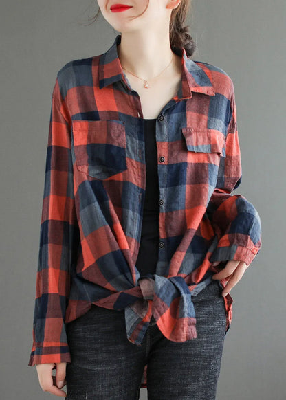 Red Pockets Peter Pan Collar Plaid Button Shirt Long Sleeve