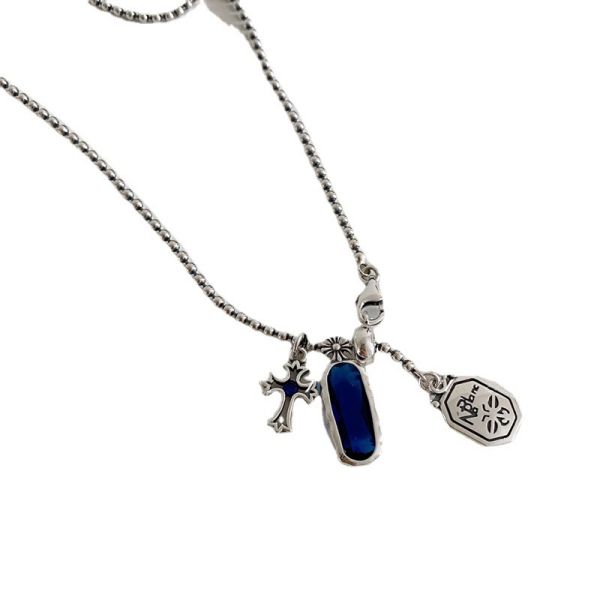 Sterling Silver Blue Round Bead Cross Pendant Necklace