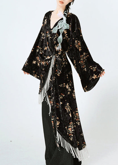 Black Asymmetrical Print Lace Up Velour Silk Dress Spring