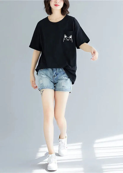 Diy Black O Neck Cartoon Print Cotton T Shirt Tops Short Sleeve