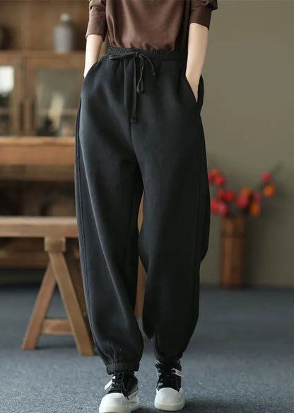 Black Pockets Elastic Waist Warm Fleece Pants Spring