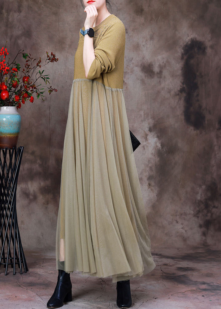Stylish Yellow O-neck Tulle Patchwork Knit Dress Long Sleeve
