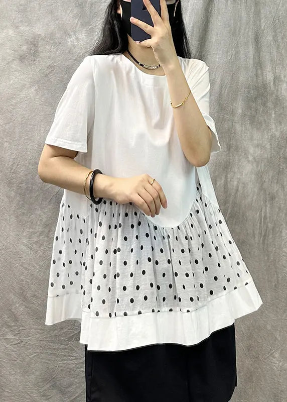 Khaki O Neck Dot Patchwork Cotton T Shirts Top Summer