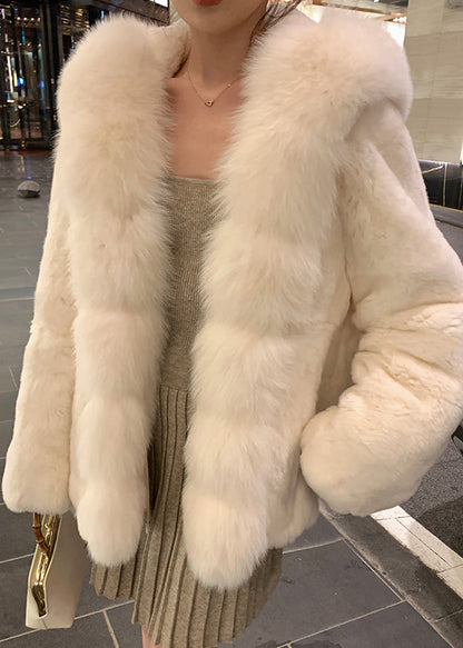Beige Hooded Fur Collar Mink Hai Coat Spring