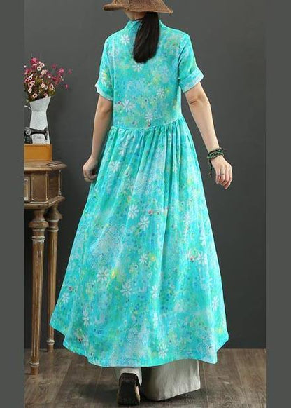 Blue Print Linen a Line Summer Holiday Dress