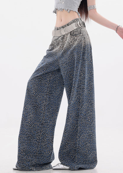 Gradient Color Leopard High Waist Denim Wide Leg Pants Fall
