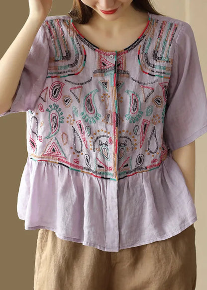 Classy Purple O-neck Embroideried Patchwork Linen Blouse Tops Summer