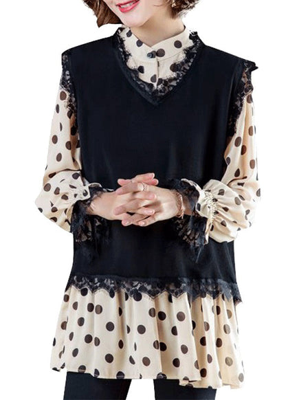 Black O-neck Waistcoat and Shirts Two Piece Set Fall