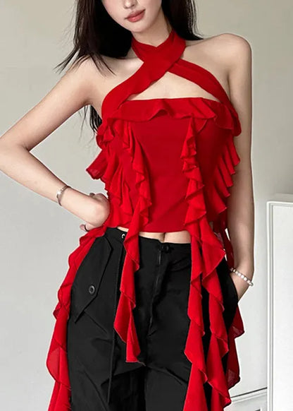 Red Backless Ruffled Cotton Tank Sleeveless