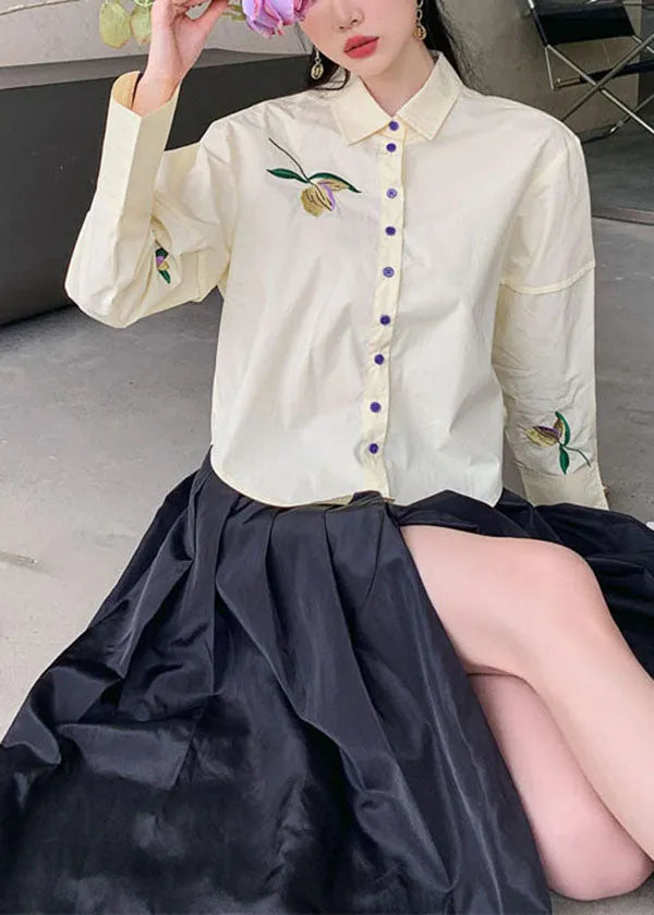 Beige Embroideried Patchwork Cotton Shirt Top Spring