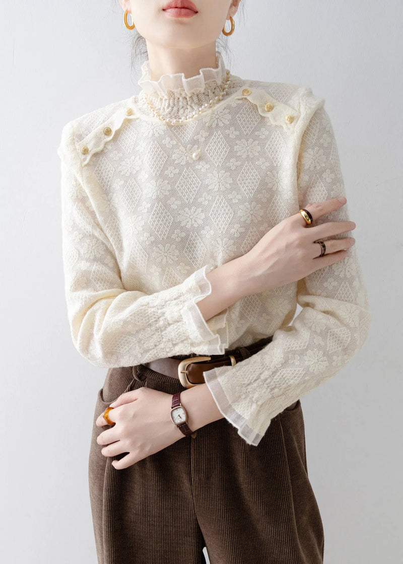 Apricot Stand Collar Jacquard Lace Shirt Top Spring