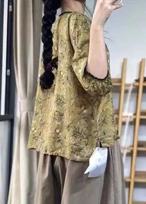 Green V Neck Ruffled Leaf Print Linen Shirts Lantern Sleeve