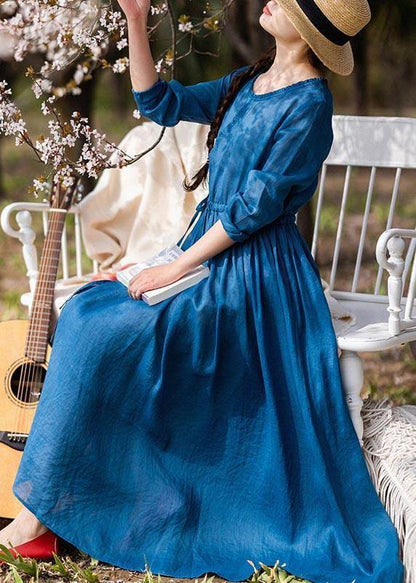 Blue Ruffled Pockets Party Summer Linen Dress
