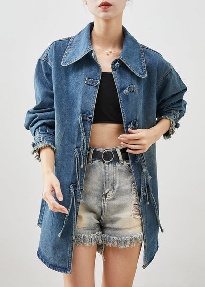 Denim Blue Chinese Button Cotton Coat Outwear Spring