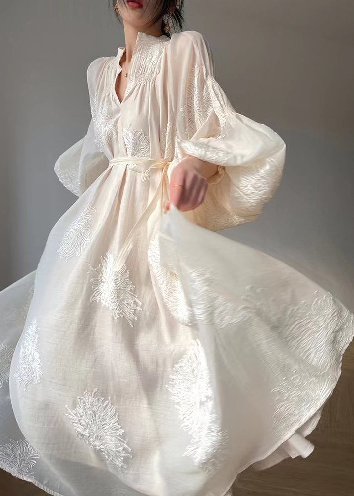 Boutique Apricot Embroideried Patchwork Chiffon Dresses Lantern Sleeve Spring
