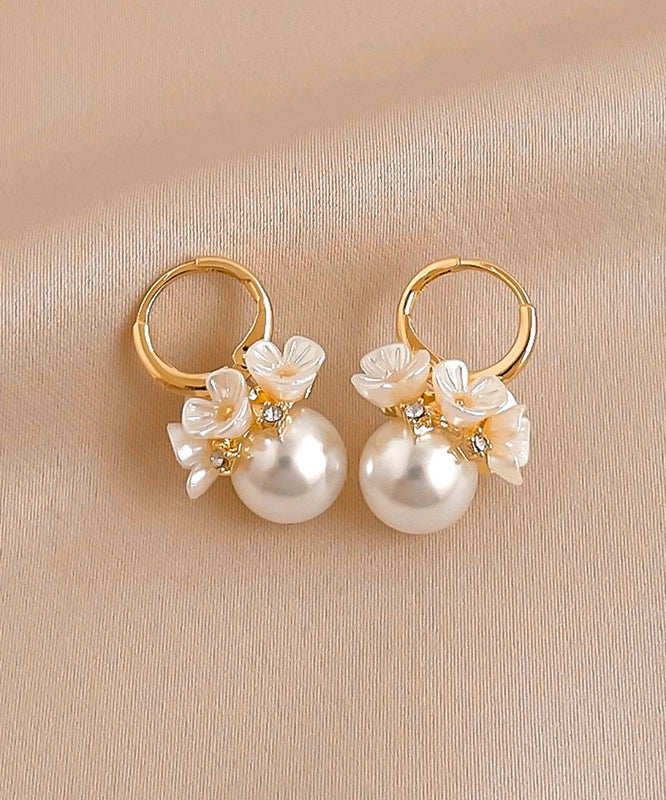 Gold Alloy Zircon Pearl Hoop Earrings