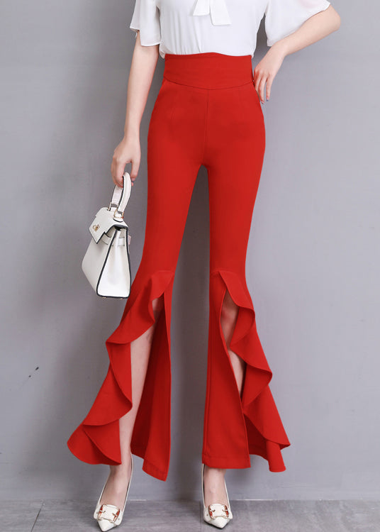 Red Ruffled Side Open Slim Bell Bottomed Trousers Summer