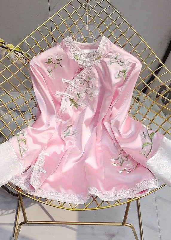 Blue Embroideried Stand Collar Patchwork Silk Tops Half Sleeve