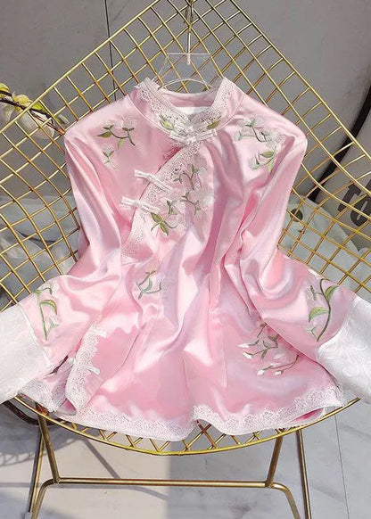 Blue Embroideried Stand Collar Patchwork Silk Tops Half Sleeve