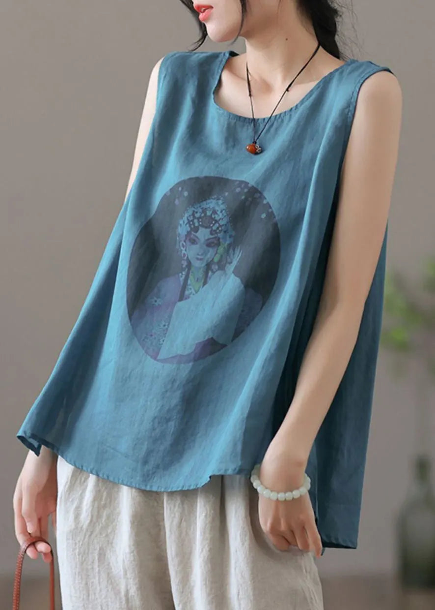 Loose Apricot O-neck Print Linen Tank Sleeveless