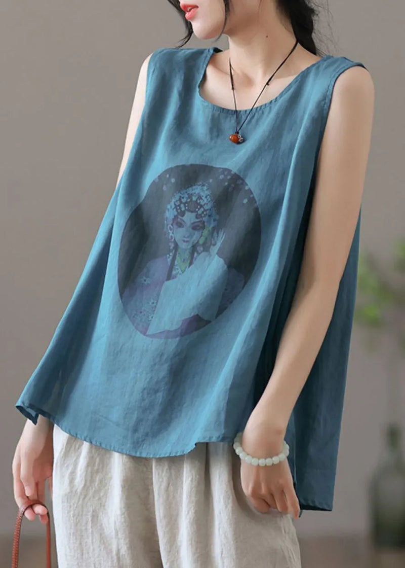 Loose Apricot O-neck Print Linen Tank Sleeveless