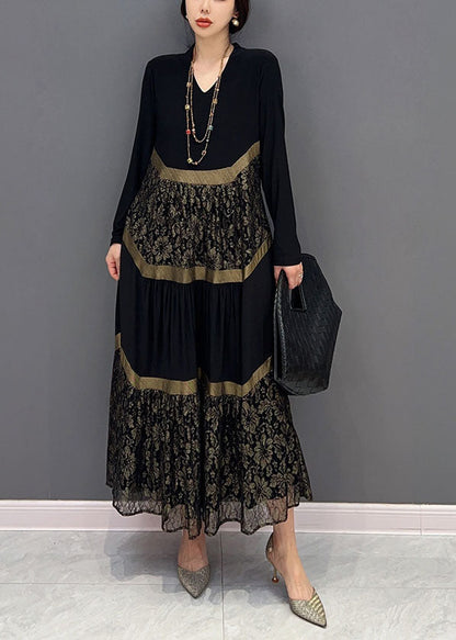 Black V Neck Tulle Patchwork Wrinkled Long Dress Spring